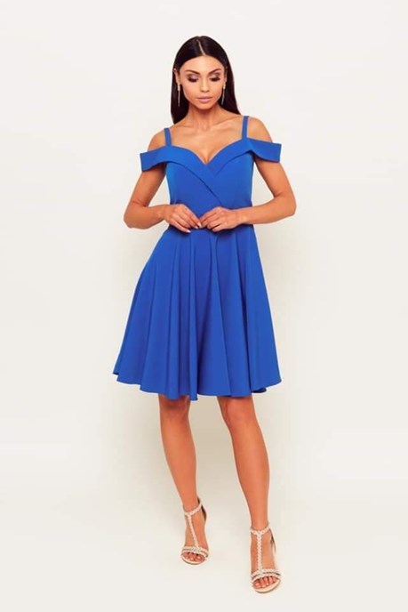 Sukienka krótka opadające ramiona gładka chabrowy