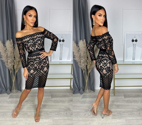 Sukienka krótka dopasowana koronkowa beż/czerń