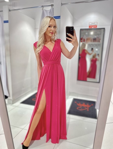 Sukienka długa grube ramiączka brokat malina