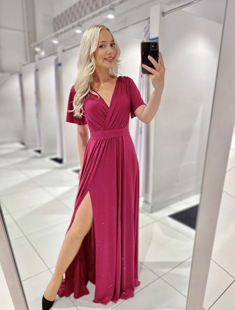 Sukienka długa rękawki brokat fuksja