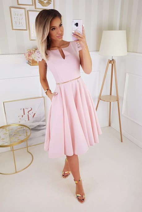 Sukienka midi krótki koronowy rękawek róż