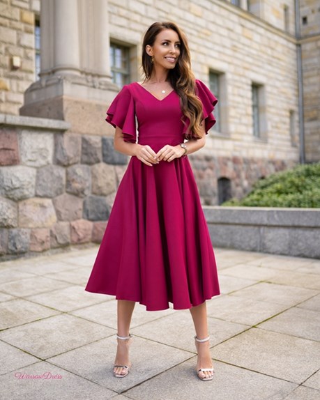 Sukienka midi falbana rękaw gładka bordo