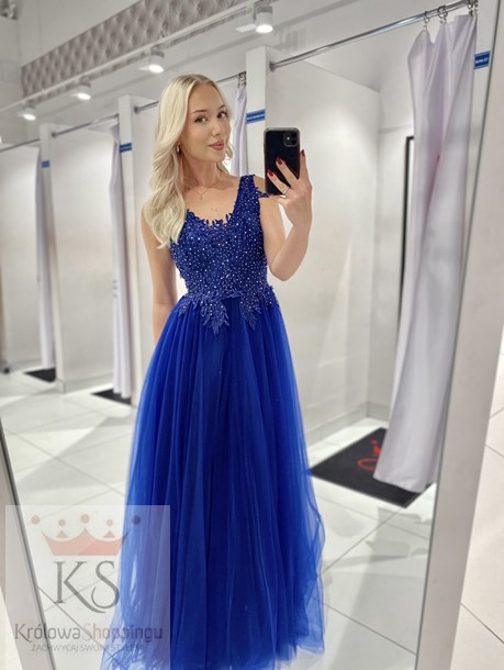 Sukienka długa tiulowa dekolt granat