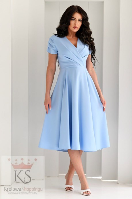 Sukienka midi marszczony rękawek błękit