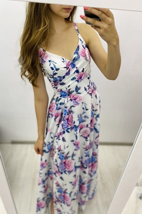 Sukienka długa cienkie ramiączka kwiaty błękit