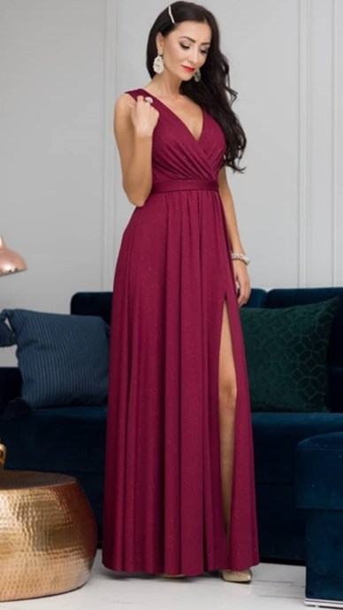 Sukienka długa grube ramiączka brokat bordo