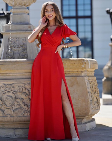 Sukienka długa rękawki dekolt czerwień