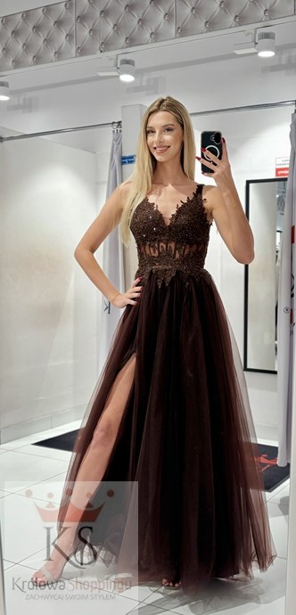 Sukienka długa tiulowa gorset koronka czekolada