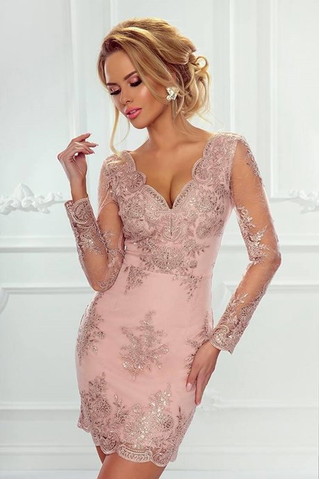 Sukienka krótka dopasowana rękaw koronka róż
