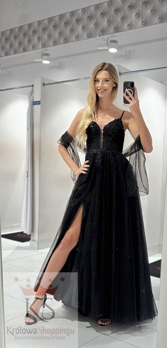 Sukienka długa gorset tiul brokat cyrkonie czerń
