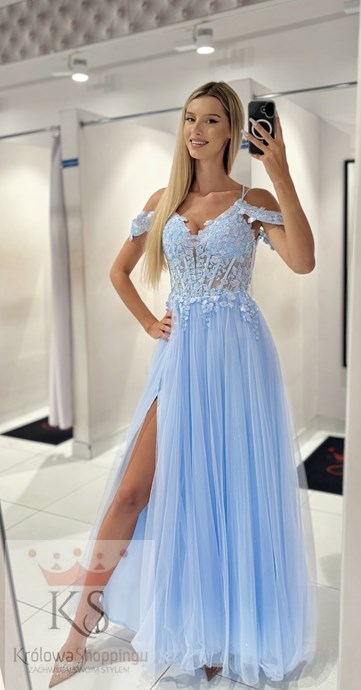 Sukienka długa tiul gorset haft błękit