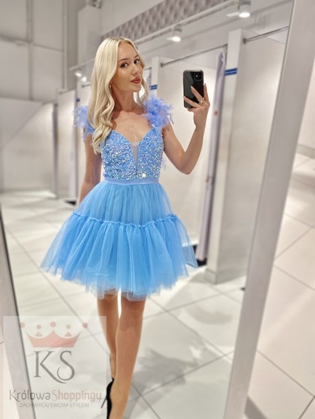 Sukienka krótka cekinowa góra pióra tiul błękit