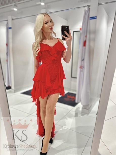 Sukienka asymetryczna falbanka koronka czerwony