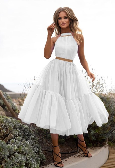 Sukienka midi tiul odkryte plecy biały