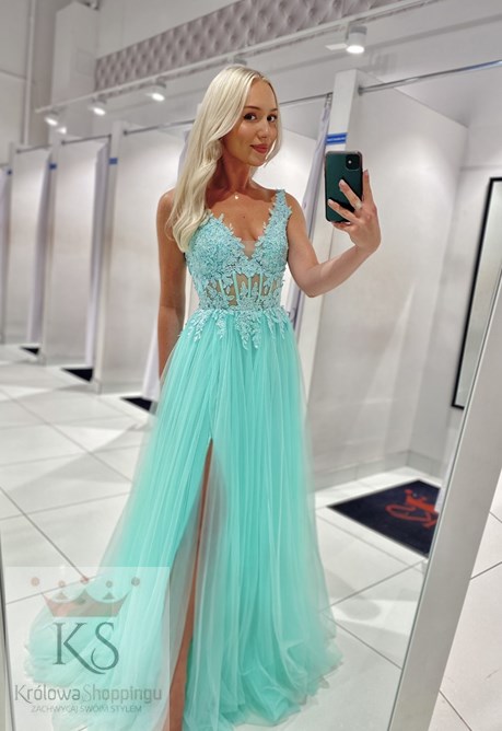 Sukienka długa tiulowa gorset koronka mięta