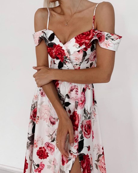 Sukienka długa opadające ramiona kwiaty