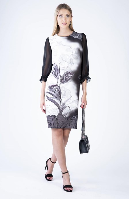 Sukienka krótka dopasowana rękaw print czerń/biel