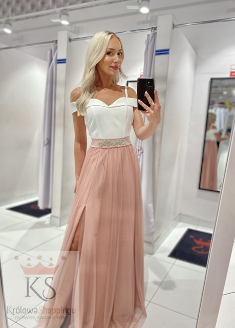 Sukienka długa opadające ramiączko tiul biel/róż