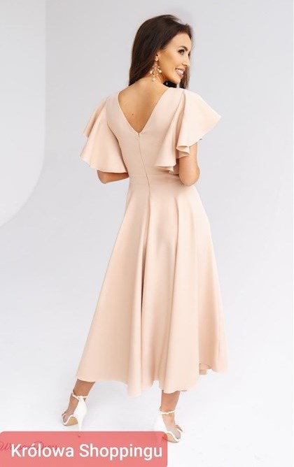 Sukienka midi falbana rękaw brokat złoty beż