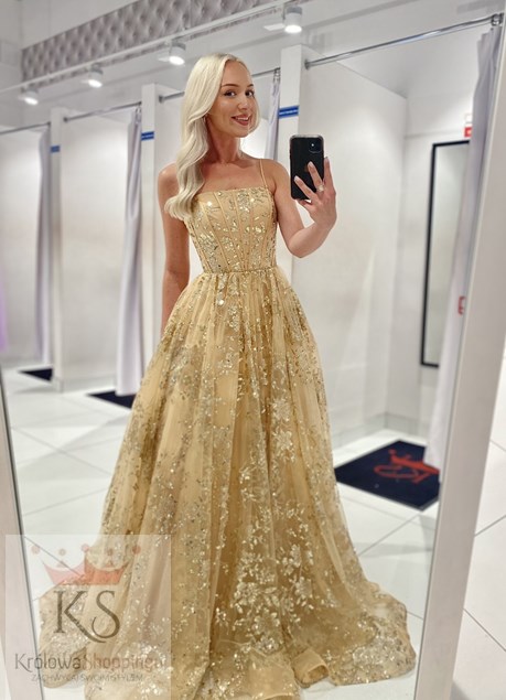 Sukienka długa balowa brokatowe kwiaty złoto