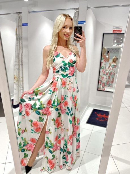 Sukienka długa ramiączka różyczki biel/róż/zieleń