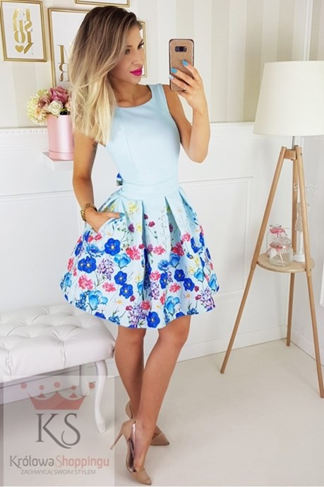 Sukienka krótka gładka kwiaty mięta