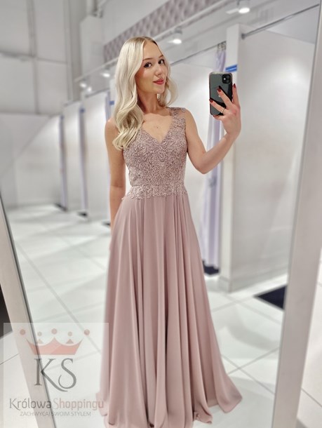 Sukienka długa dekolt zdobienie koronka góra kawa