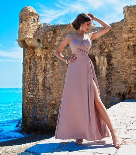 Sukienka długa na ramiączkach gładka wrzos