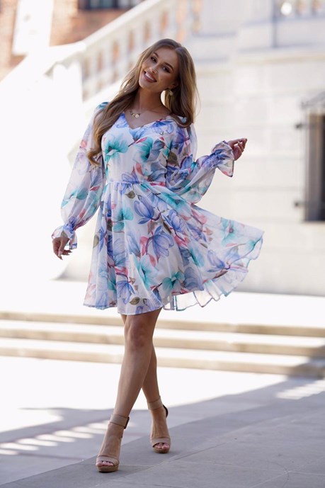 Sukienka krótka szyfon kwiaty mięta/błękit