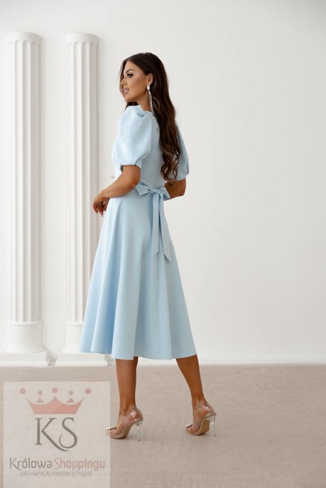 Sukienka midi rękawek dekolt V wiązanie błękit