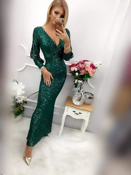 Sukienka długa cekiny rękawek zieleń