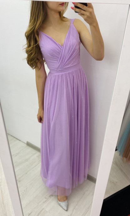 Sukienka długa ramiączka tiul pas brokat fiolet