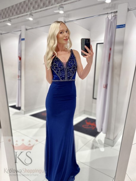 Sukienka długa ozdobny dekolt odkryte plecy granat