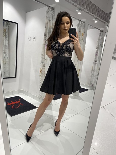 Sukienka krótka dekolt siateczka czarny/beż