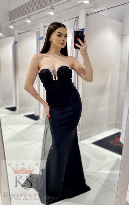 Sukienka długa zdobienie dekolt kokarda czerń