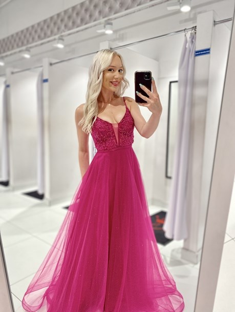 Sukienka długa tiul brokat zdobienie fuksja