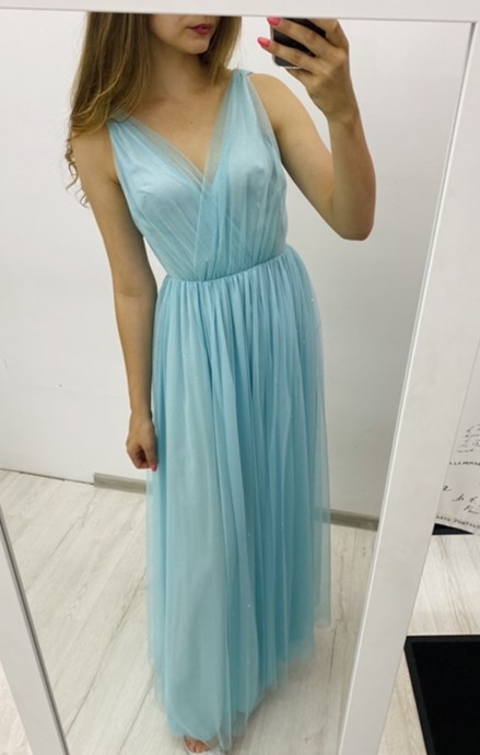 Sukienka długa tiul głęboki dekolt brokat błękit