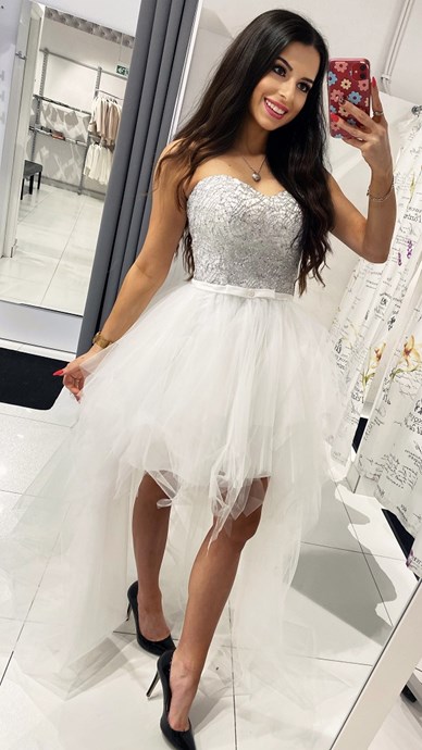 Sukienka asymetryczna tiulowa gorset srebro/biel