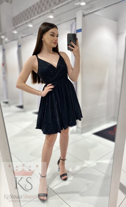 Sukienka krótka bombka ramiączka brokat czerń