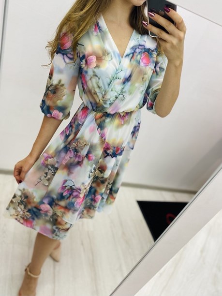 Sukienka midi długi rękaw pasek kwiaty róż/zielony