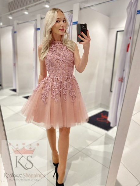 Sukienka krótka tiul koronka wiązanie szyja wrzos