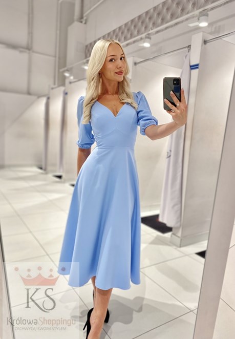 Sukienka midi rękawek 3/4 pas wiązanie błękit