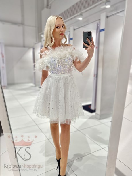 Sukienka krótka cekinowa góra pióra błysk biel