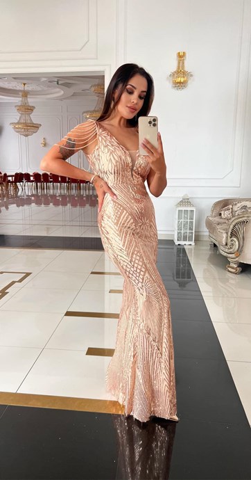 Sukienka długa cekin koraliki siatka miedź