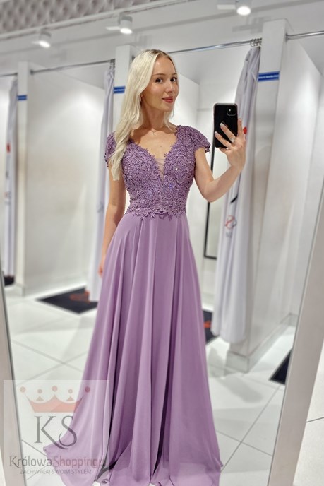 Sukienka długa góra koronka cekiny jasny fiolet