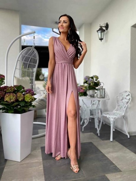 Sukienka długa grube ramiączka brokat ciemny róż