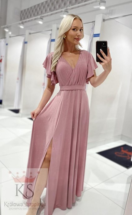 Sukienka długa rękawek pasek brokat wrzos