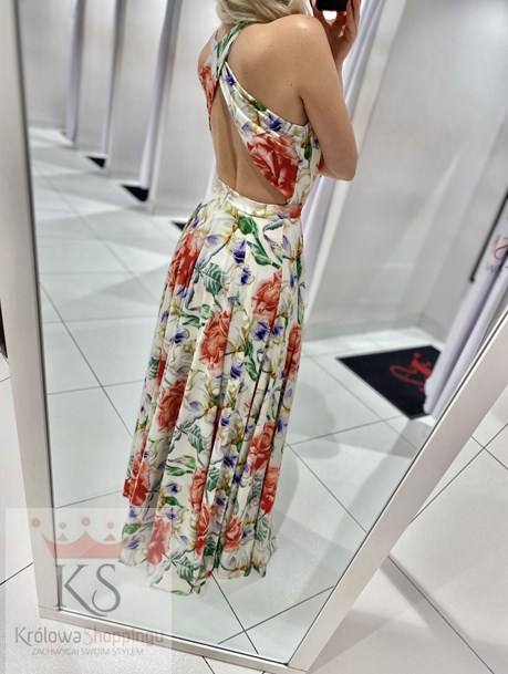 Sukienka długa kolorowe kwiaty krzyż plecy