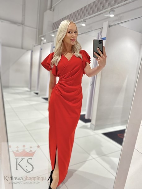 Sukienka długa dopasowana falbana rękaw czerwień