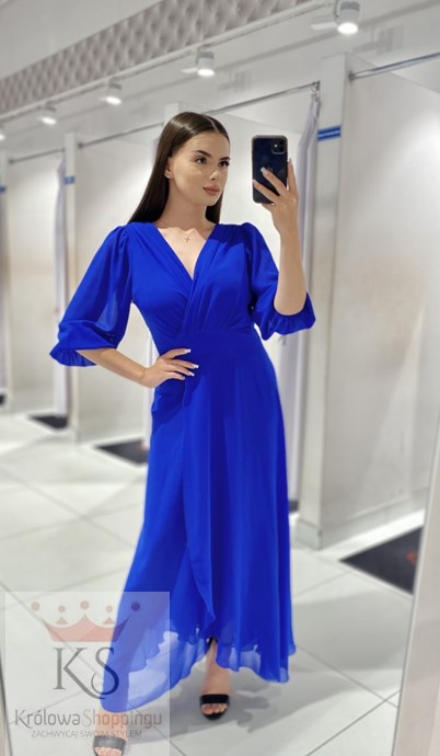 Sukienka długa rękaw pas chaber